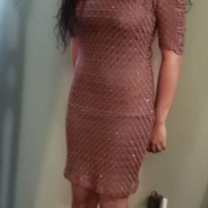 Metallic copper lace overlay dress